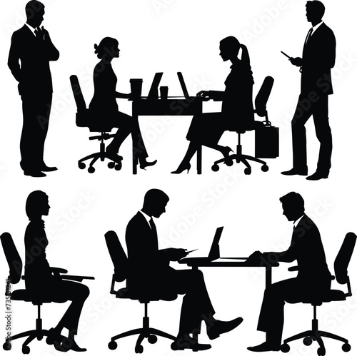 Silhouette office employees discussing at work desk black color only