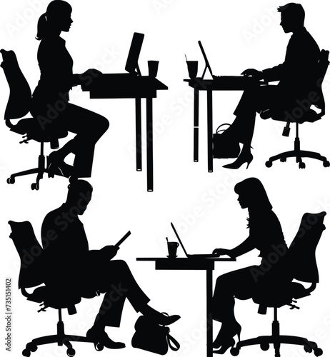 Silhouette office employees discussing at work desk black color only