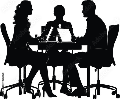 Silhouette office employees discussing at work desk black color only