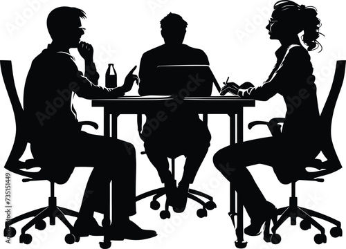 Silhouette office employees discussing at work desk black color only