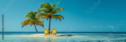 deckchairs under palm trees on a lonely sand island in the middle of the ocean