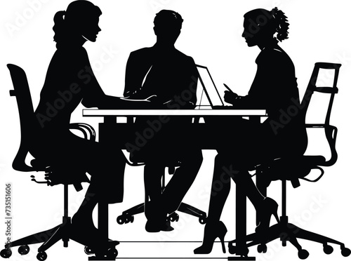 Silhouette office employees discussing at work desk black color only