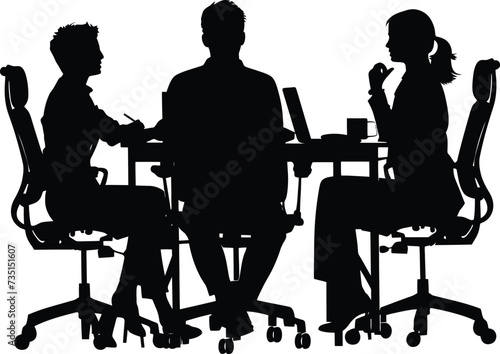 Silhouette office employees discussing at work desk black color only