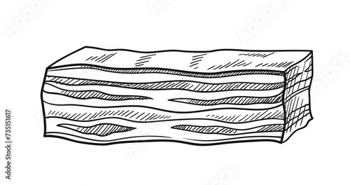 Meat product linear. Hand drawn sketch of bacon slice. Minimalistic creativity and art. Poster or banner for website. Outline flat vector illustration isolated on white background