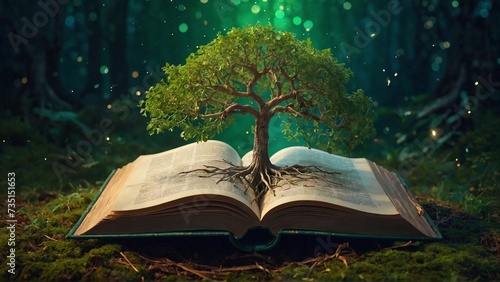 growing tree with green leaves from an open book, magic book with bokeh light