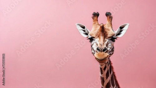 close up of giraffe on pastel pink background with copy space, trendy banner