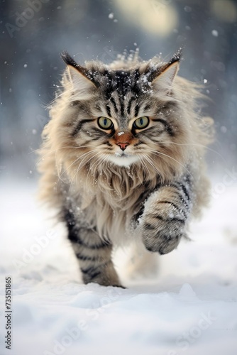 Winter landscape and fluffy gorgeous cat running through the snow © Lion
