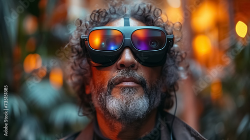 A man wearing on his eyes VR Headsets, Smart Glasses new technology, a mixed-reality headset, close-up shot of a man in his virtual reality interacting through eye-glasses.