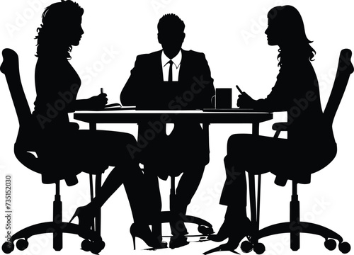 Silhouette office employees discussing at work desk black color only