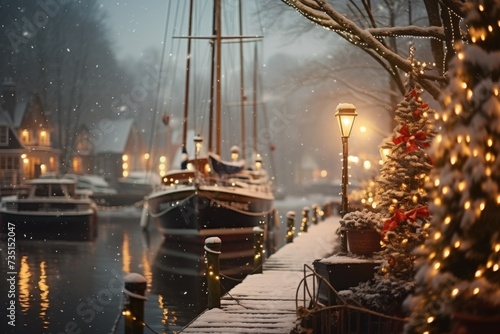 A boat is docked in a snowy harbor. This picture can be used to depict winter scenes or transportation in cold climates