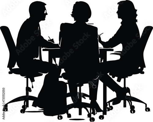 Silhouette office employees discussing at work desk black color only