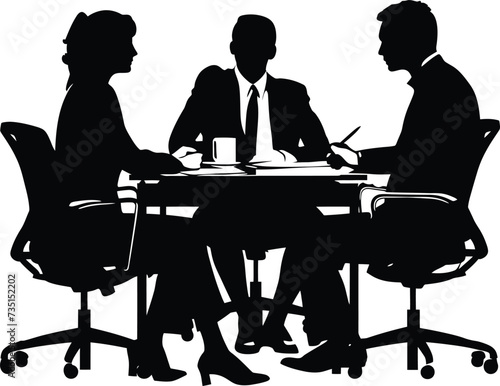 Silhouette office employees discussing at work desk black color only