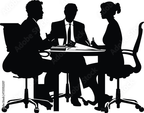 Silhouette office employees discussing at work desk black color only