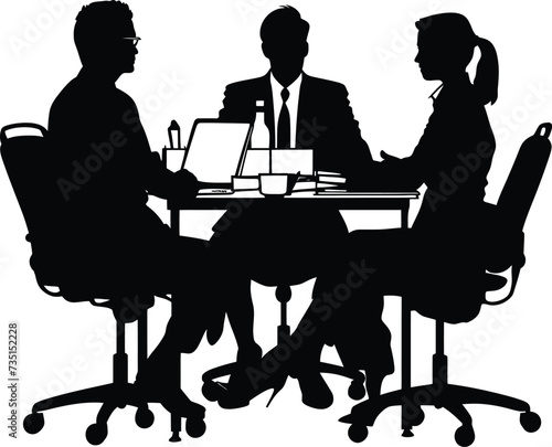 Silhouette office employees discussing at work desk black color only