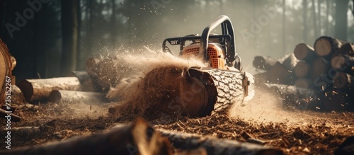 Worker cuts a felled tree trunk with a chainsaw A felled tree trunk is sawn by a lumberjack slow motion shot Deforestation forest cutting concept. Creative Banner. Copyspace image photo