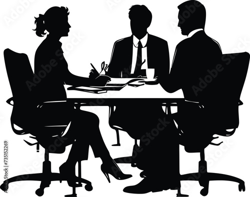 Silhouette office employees discussing at work desk black color only