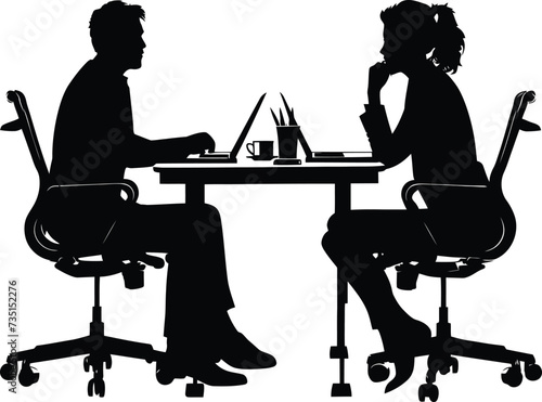 Silhouette office employees discussing at work desk black color only
