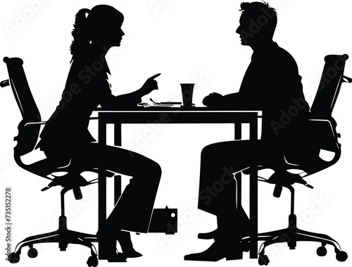 Silhouette office employees discussing at work desk black color only