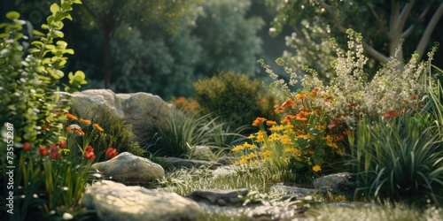 A beautiful garden filled with a variety of colorful flowers and scattered rocks. Perfect for adding a touch of nature to any project or design