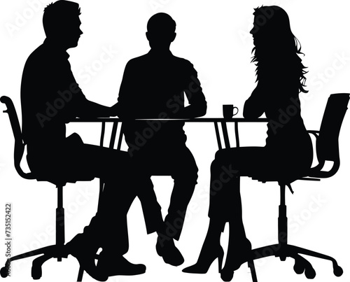 Silhouette office employees discussing at work desk black color only