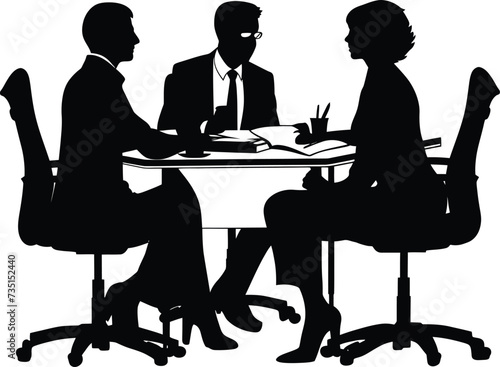Silhouette office employees discussing at work desk black color only