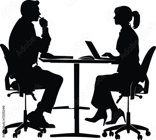 Silhouette office employees discussing at work desk black color only