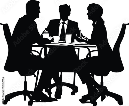 Silhouette office employees discussing at work desk black color only