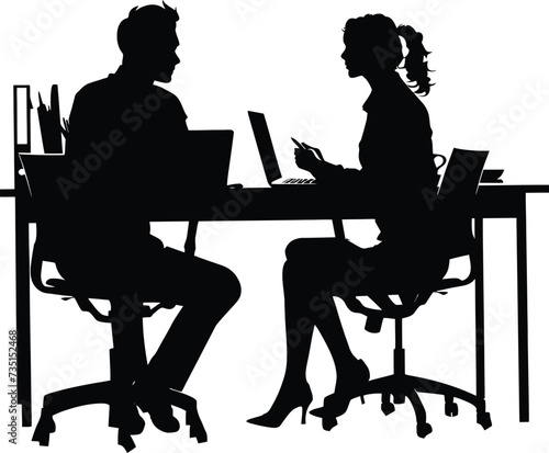 Silhouette office employees discussing at work desk black color only