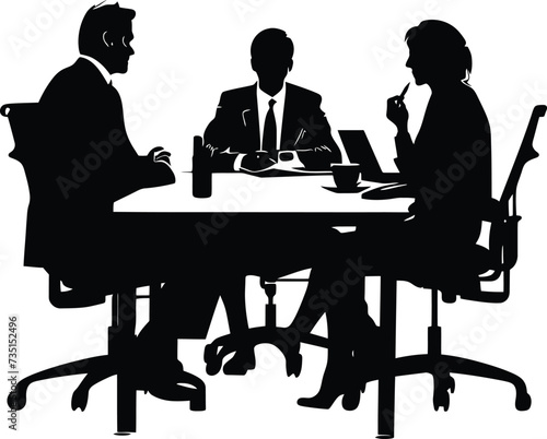 Silhouette office employees discussing at work desk black color only