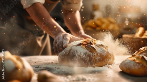 Baker prepares fresh bread in the bakery