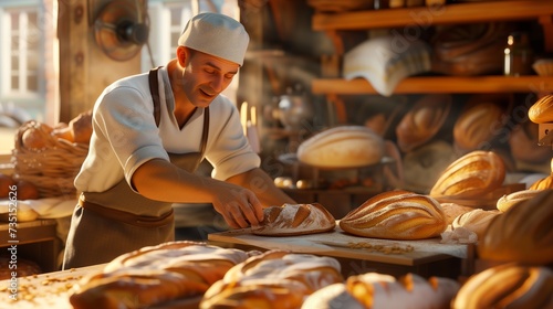 Baker prepares fresh bread in the bakery