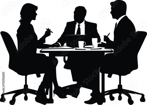 Silhouette office employees discussing at work desk black color only