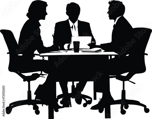 Silhouette office employees discussing at work desk black color only