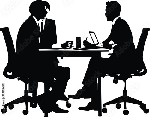 Silhouette office employees discussing at work desk black color only