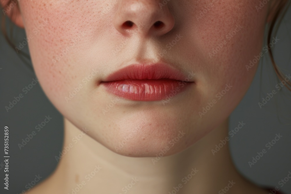 Obraz premium A detailed view of a woman's face with freckles. This image can be used to showcase natural beauty or for skincare and makeup related content