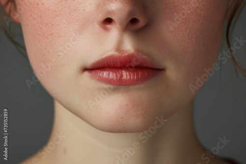 A detailed view of a woman's face with freckles. This image can be used to showcase natural beauty or for skincare and makeup related content