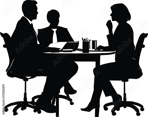 Silhouette office employees discussing at work desk black color only