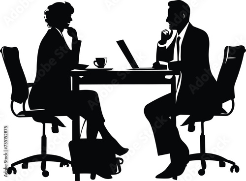 Silhouette office employees discussing at work desk black color only