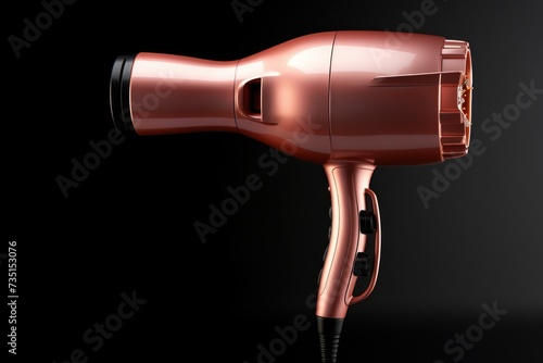A pink hair dryer sitting on top of a black table. Perfect for beauty and hairstyling concepts