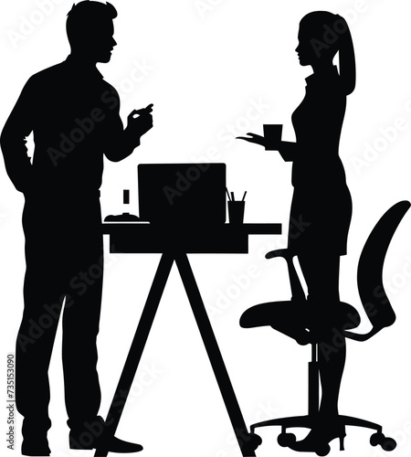 Silhouette office employees discussing at work desk black color only