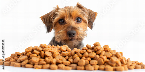 Cute little dog lying on a pile of dog food isolated on a white background. Commercial and advertising banner with copy space.