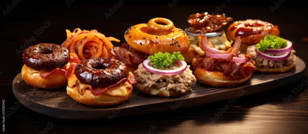 Small beef sliders grilled burgers onion rings little buns bacon served as appetisers for sharing. Creative Banner. Copyspace image