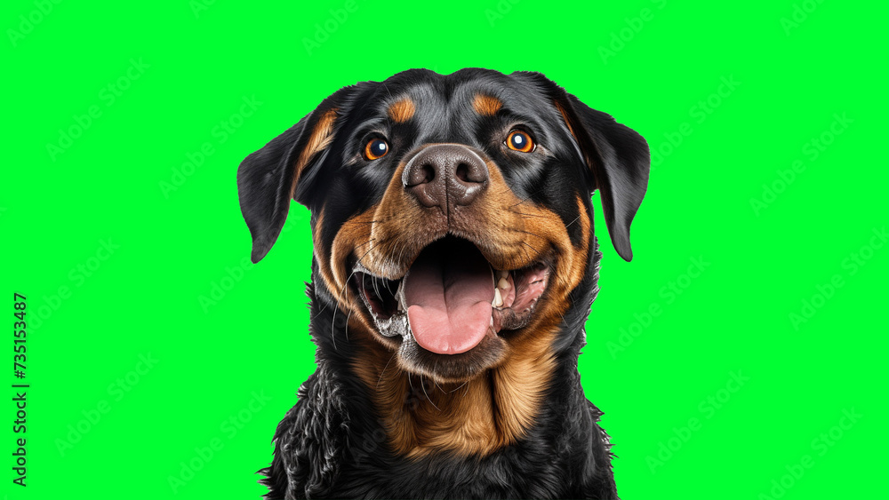 Fototapeta premium Portrait photo of smiling Rottweiler on green background