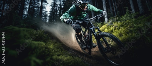Mountain bike man and motion blur in forest for competition speed or off road adventure on path Fast athlete sports and bicycle for contest cardio race and power in nature park or action trail
