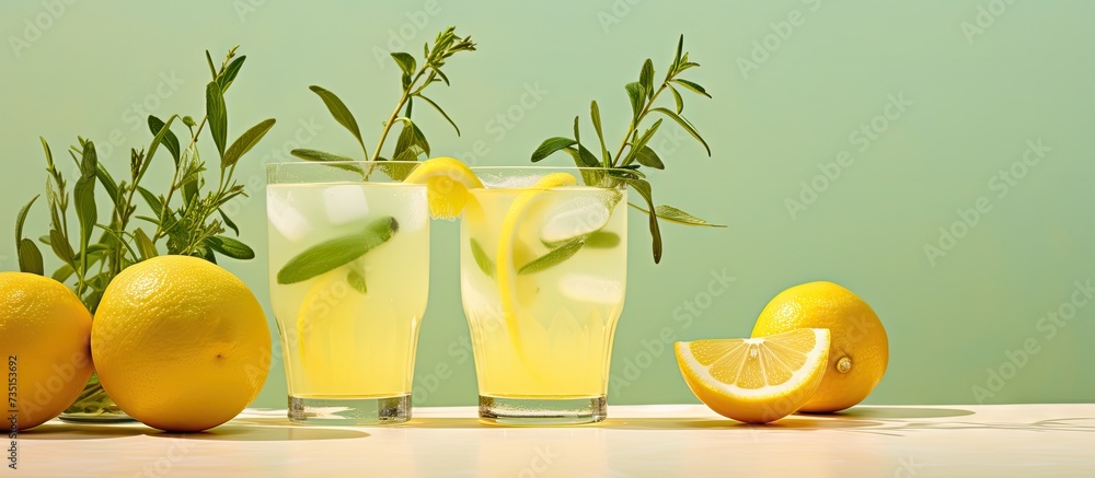 Meyer Lemon and Thyme Bees Knees Cocktails Gin cocktails made with Meyer lemon juice and garnished with thyme sprigs and a slice of lemon. Creative Banner. Copyspace image - obrazy, fototapety, plakaty 