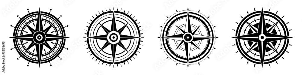 Compass icon. Set of compass symbols. Black icon of compass isolated on white