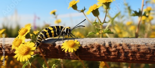 Salt Marsh Caterpillar on Wooden Fence With Yellow Flowers Estigmene acrea. Creative Banner. Copyspace image
