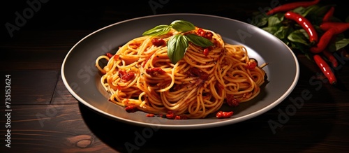 Noodles with garlic and chili on platter with basil decoration. Creative Banner. Copyspace image