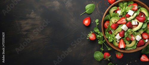 Strawberry spinach cucumber feta cheese salad Top view copy space flat lay. Creative Banner. Copyspace image