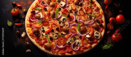 Slice of vegetarian pizza with green and red peppers mushrooms and olives. Creative Banner. Copyspace image